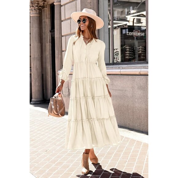 Long Sleeve Maxi Dress V-Neck Tiered Boho Elegant Fall Wedding Guest - Picture 2 of 6